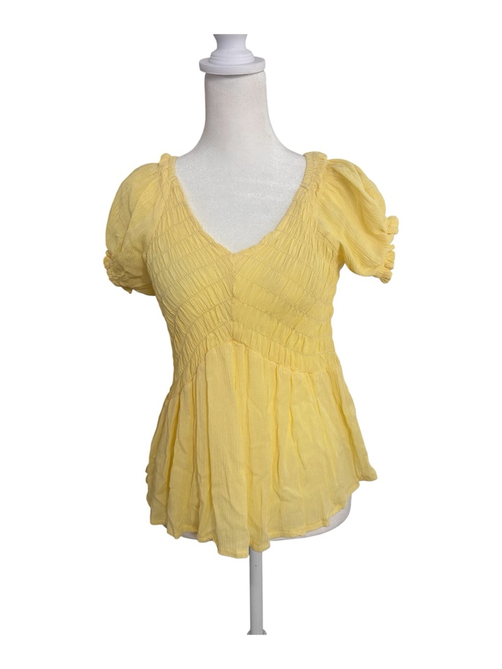 Kendall & Kylie Butter Yellow Ruched Puff Sleeve Peplum Top Women’s Small NWT